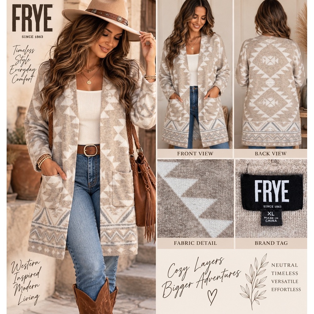 Frye Womens XL Beige Geometric Southwestern Open Front Knit Cardigan Sweater